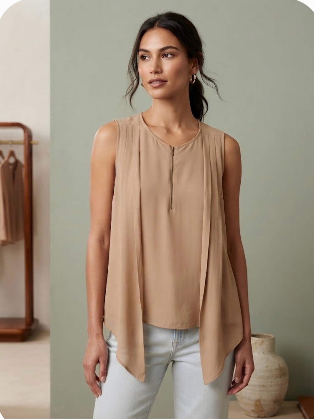 NWT Vibe Sleeveless w/ Soft Pleated Panels in Tan Size L